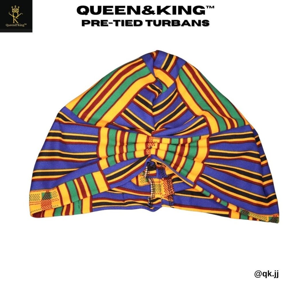 Pre-tied Turban (Blue & Orange Kente)